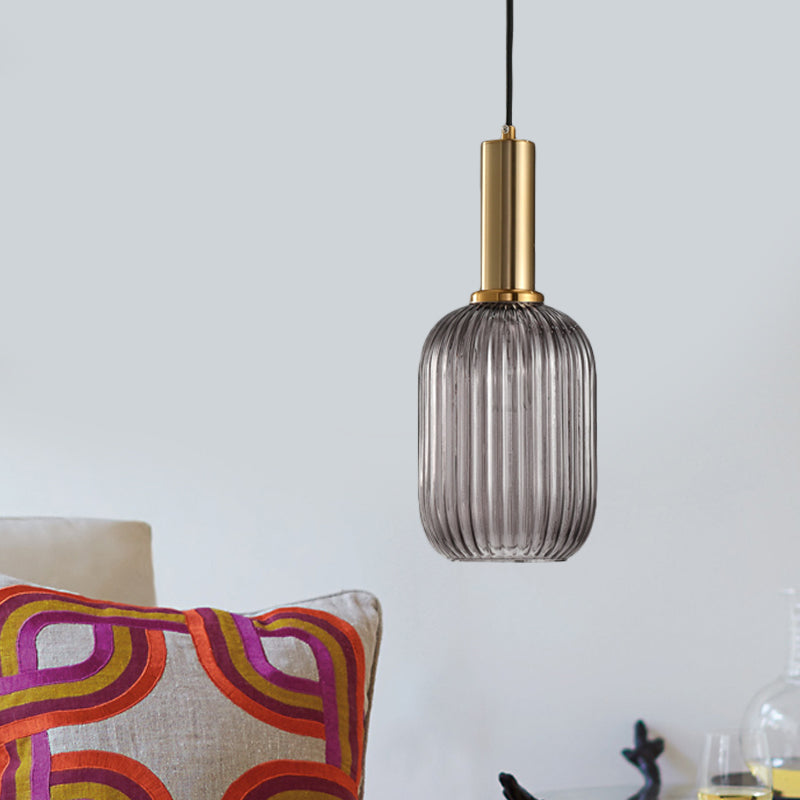 Black/Gold Cylinder/Oval/Capsule Pendant Lamp Modernist 1 Light Grey/Green/Amber Ribbed Glass Ceiling Light Fixture for Kitchen Clearhalo 'Ceiling Lights' 'Glass shade' 'Glass' 'Modern Pendants' 'Modern' 'Pendant Lights' 'Pendants' Lighting' 598294
