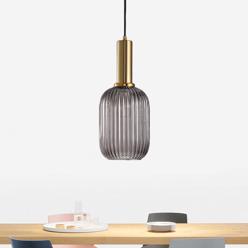 Black/Gold Cylinder/Oval/Capsule Pendant Lamp Modernist 1 Light Grey/Green/Amber Ribbed Glass Ceiling Light Fixture for Kitchen Clearhalo 'Ceiling Lights' 'Glass shade' 'Glass' 'Modern Pendants' 'Modern' 'Pendant Lights' 'Pendants' Lighting' 598295