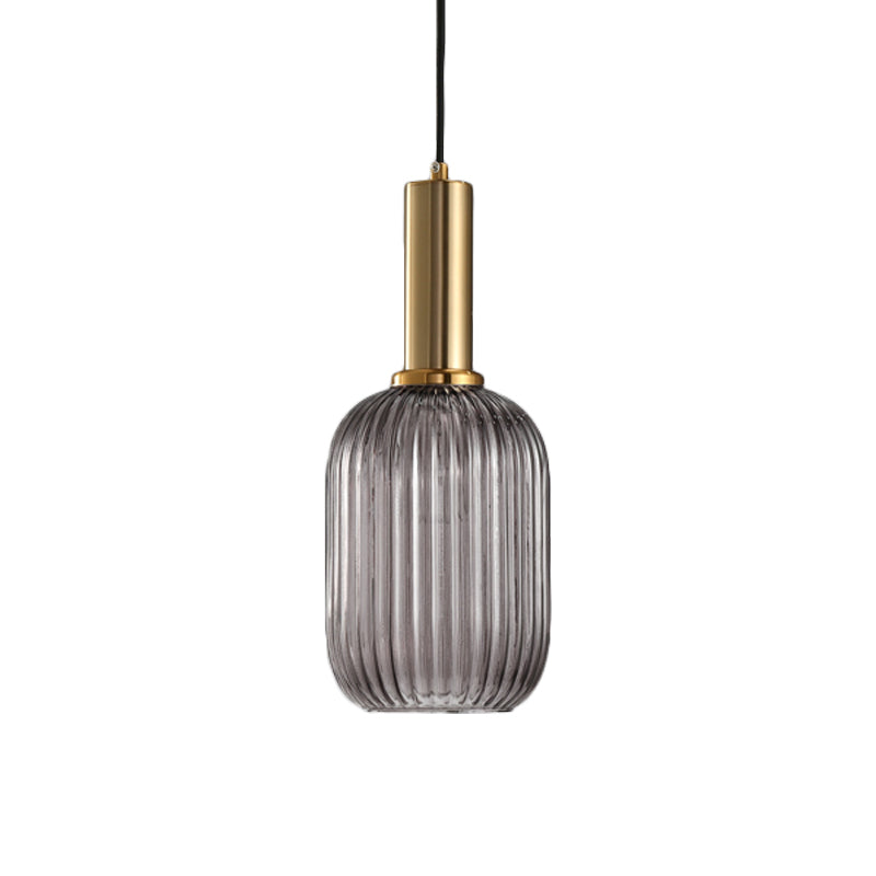 Black/Gold Cylinder/Oval/Capsule Pendant Lamp Modernist 1 Light Grey/Green/Amber Ribbed Glass Ceiling Light Fixture for Kitchen Clearhalo 'Ceiling Lights' 'Glass shade' 'Glass' 'Modern Pendants' 'Modern' 'Pendant Lights' 'Pendants' Lighting' 598296