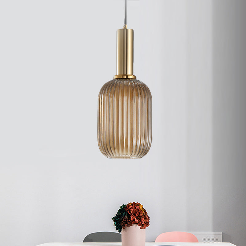 Black/Gold Cylinder/Oval/Capsule Pendant Lamp Modernist 1 Light Grey/Green/Amber Ribbed Glass Ceiling Light Fixture for Kitchen Clearhalo 'Ceiling Lights' 'Glass shade' 'Glass' 'Modern Pendants' 'Modern' 'Pendant Lights' 'Pendants' Lighting' 598298