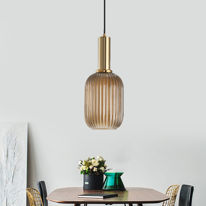 Black/Gold Cylinder/Oval/Capsule Pendant Lamp Modernist 1 Light Grey/Green/Amber Ribbed Glass Ceiling Light Fixture for Kitchen Clearhalo 'Ceiling Lights' 'Glass shade' 'Glass' 'Modern Pendants' 'Modern' 'Pendant Lights' 'Pendants' Lighting' 598299