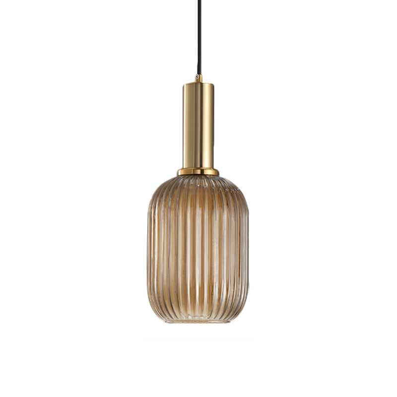 Black/Gold Cylinder/Oval/Capsule Pendant Lamp Modernist 1 Light Grey/Green/Amber Ribbed Glass Ceiling Light Fixture for Kitchen Clearhalo 'Ceiling Lights' 'Glass shade' 'Glass' 'Modern Pendants' 'Modern' 'Pendant Lights' 'Pendants' Lighting' 598300