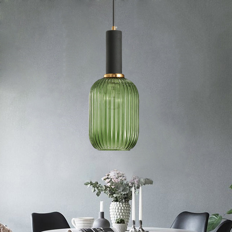 Black/Gold Cylinder/Oval/Capsule Pendant Lamp Modernist 1 Light Grey/Green/Amber Ribbed Glass Ceiling Light Fixture for Kitchen Clearhalo 'Ceiling Lights' 'Glass shade' 'Glass' 'Modern Pendants' 'Modern' 'Pendant Lights' 'Pendants' Lighting' 598302