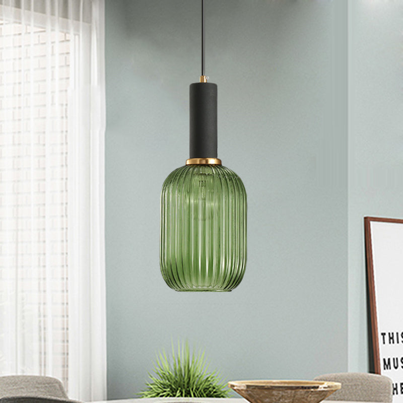 Black/Gold Cylinder/Oval/Capsule Pendant Lamp Modernist 1 Light Grey/Green/Amber Ribbed Glass Ceiling Light Fixture for Kitchen Clearhalo 'Ceiling Lights' 'Glass shade' 'Glass' 'Modern Pendants' 'Modern' 'Pendant Lights' 'Pendants' Lighting' 598303