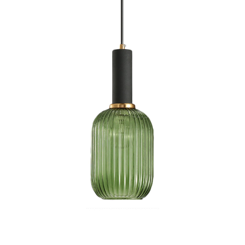 Black/Gold Cylinder/Oval/Capsule Pendant Lamp Modernist 1 Light Grey/Green/Amber Ribbed Glass Ceiling Light Fixture for Kitchen Clearhalo 'Ceiling Lights' 'Glass shade' 'Glass' 'Modern Pendants' 'Modern' 'Pendant Lights' 'Pendants' Lighting' 598304
