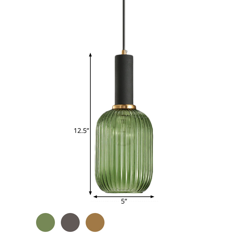 Black/Gold Cylinder/Oval/Capsule Pendant Lamp Modernist 1 Light Grey/Green/Amber Ribbed Glass Ceiling Light Fixture for Kitchen Clearhalo 'Ceiling Lights' 'Glass shade' 'Glass' 'Modern Pendants' 'Modern' 'Pendant Lights' 'Pendants' Lighting' 598305