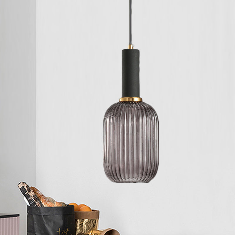 Black/Gold Cylinder/Oval/Capsule Pendant Lamp Modernist 1 Light Grey/Green/Amber Ribbed Glass Ceiling Light Fixture for Kitchen Clearhalo 'Ceiling Lights' 'Glass shade' 'Glass' 'Modern Pendants' 'Modern' 'Pendant Lights' 'Pendants' Lighting' 598307