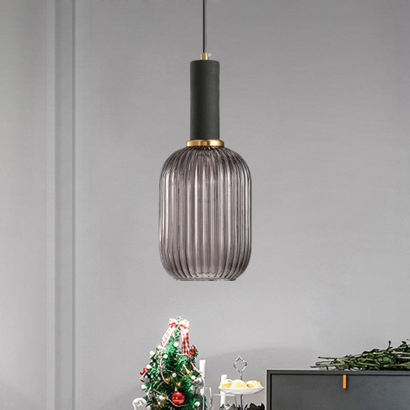 Black/Gold Cylinder/Oval/Capsule Pendant Lamp Modernist 1 Light Grey/Green/Amber Ribbed Glass Ceiling Light Fixture for Kitchen Clearhalo 'Ceiling Lights' 'Glass shade' 'Glass' 'Modern Pendants' 'Modern' 'Pendant Lights' 'Pendants' Lighting' 598308