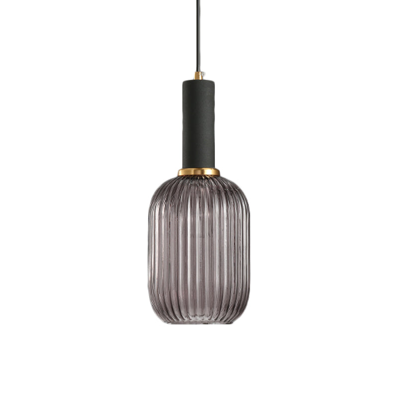 Black/Gold Cylinder/Oval/Capsule Pendant Lamp Modernist 1 Light Grey/Green/Amber Ribbed Glass Ceiling Light Fixture for Kitchen Clearhalo 'Ceiling Lights' 'Glass shade' 'Glass' 'Modern Pendants' 'Modern' 'Pendant Lights' 'Pendants' Lighting' 598309