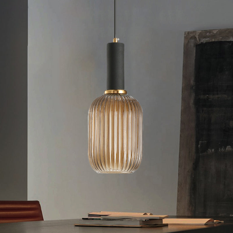 Black/Gold Cylinder/Oval/Capsule Pendant Lamp Modernist 1 Light Grey/Green/Amber Ribbed Glass Ceiling Light Fixture for Kitchen Clearhalo 'Ceiling Lights' 'Glass shade' 'Glass' 'Modern Pendants' 'Modern' 'Pendant Lights' 'Pendants' Lighting' 598311