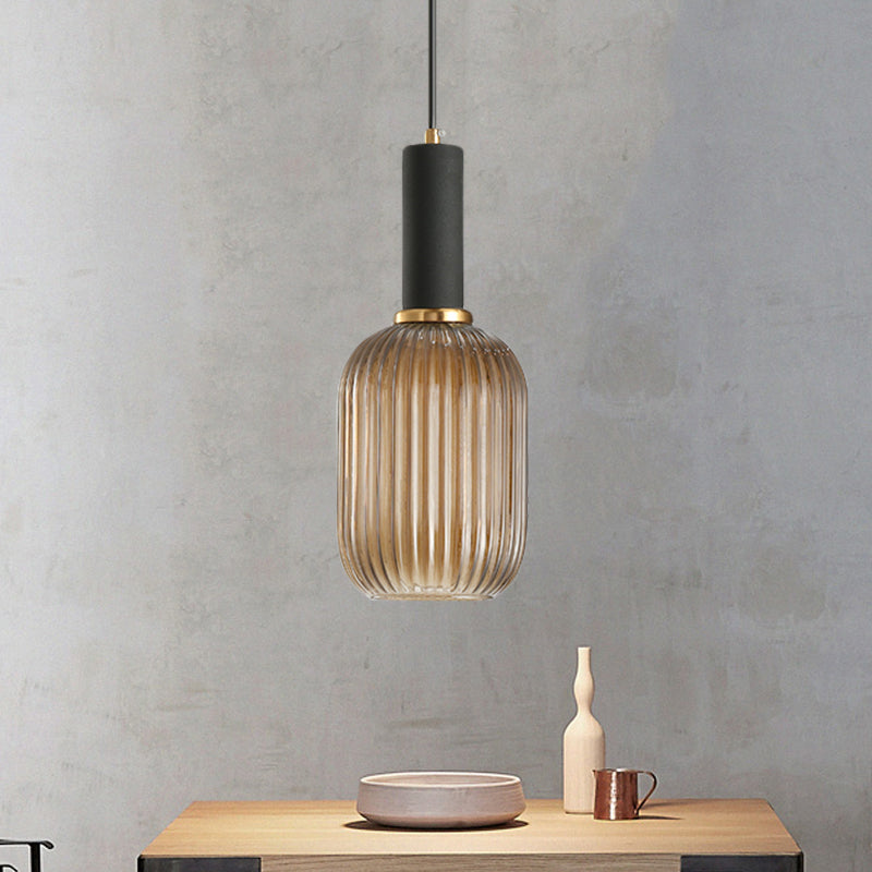 Black/Gold Cylinder/Oval/Capsule Pendant Lamp Modernist 1 Light Grey/Green/Amber Ribbed Glass Ceiling Light Fixture for Kitchen Clearhalo 'Ceiling Lights' 'Glass shade' 'Glass' 'Modern Pendants' 'Modern' 'Pendant Lights' 'Pendants' Lighting' 598312