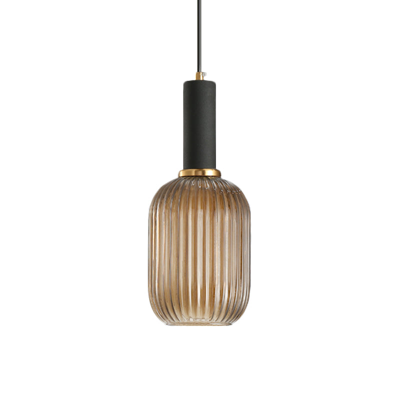 Black/Gold Cylinder/Oval/Capsule Pendant Lamp Modernist 1 Light Grey/Green/Amber Ribbed Glass Ceiling Light Fixture for Kitchen Clearhalo 'Ceiling Lights' 'Glass shade' 'Glass' 'Modern Pendants' 'Modern' 'Pendant Lights' 'Pendants' Lighting' 598313