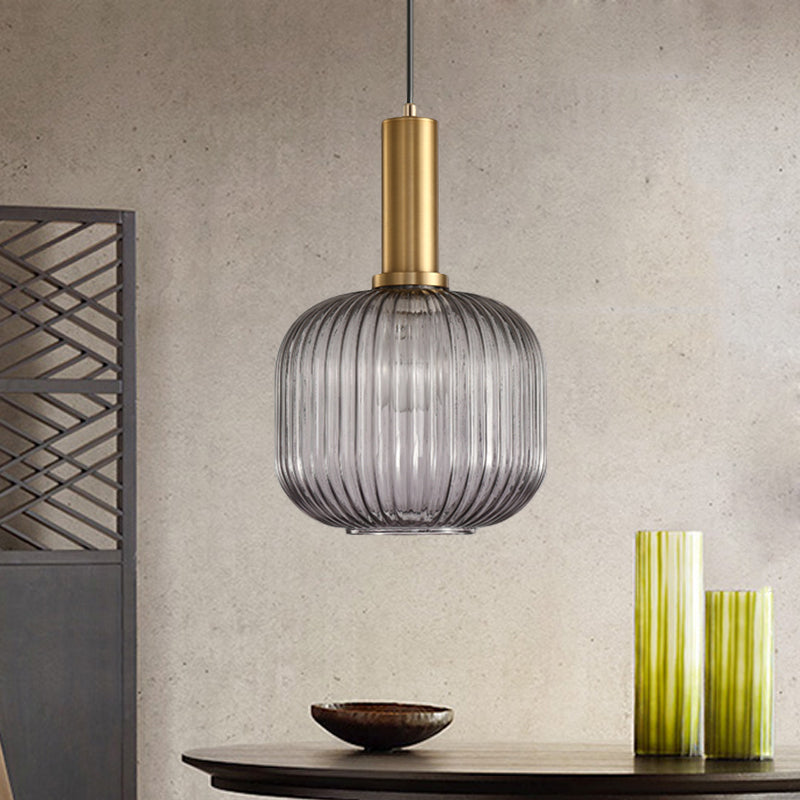 Black/Gold Cylinder/Oval/Capsule Pendant Lamp Modernist 1 Light Grey/Green/Amber Ribbed Glass Ceiling Light Fixture for Kitchen Clearhalo 'Ceiling Lights' 'Glass shade' 'Glass' 'Modern Pendants' 'Modern' 'Pendant Lights' 'Pendants' Lighting' 598320