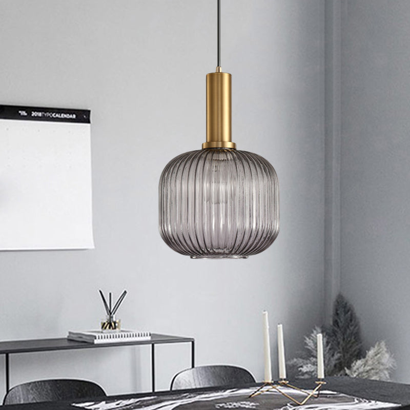 Black/Gold Cylinder/Oval/Capsule Pendant Lamp Modernist 1 Light Grey/Green/Amber Ribbed Glass Ceiling Light Fixture for Kitchen Clearhalo 'Ceiling Lights' 'Glass shade' 'Glass' 'Modern Pendants' 'Modern' 'Pendant Lights' 'Pendants' Lighting' 598321
