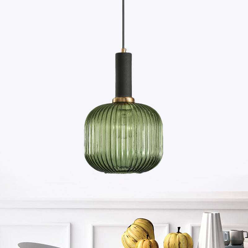 Black/Gold Cylinder/Oval/Capsule Pendant Lamp Modernist 1 Light Grey/Green/Amber Ribbed Glass Ceiling Light Fixture for Kitchen Clearhalo 'Ceiling Lights' 'Glass shade' 'Glass' 'Modern Pendants' 'Modern' 'Pendant Lights' 'Pendants' Lighting' 598328