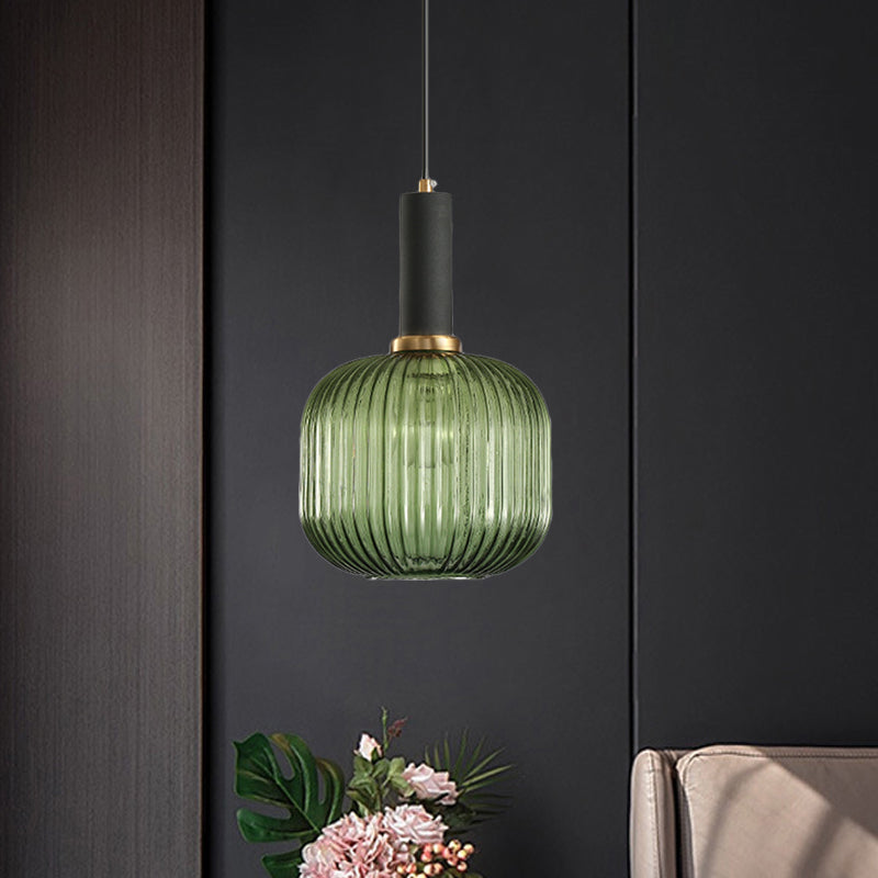 Black/Gold Cylinder/Oval/Capsule Pendant Lamp Modernist 1 Light Grey/Green/Amber Ribbed Glass Ceiling Light Fixture for Kitchen Clearhalo 'Ceiling Lights' 'Glass shade' 'Glass' 'Modern Pendants' 'Modern' 'Pendant Lights' 'Pendants' Lighting' 598329