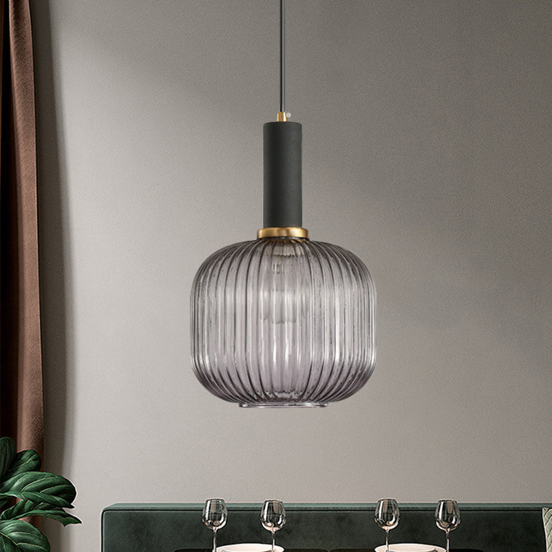Black/Gold Cylinder/Oval/Capsule Pendant Lamp Modernist 1 Light Grey/Green/Amber Ribbed Glass Ceiling Light Fixture for Kitchen Clearhalo 'Ceiling Lights' 'Glass shade' 'Glass' 'Modern Pendants' 'Modern' 'Pendant Lights' 'Pendants' Lighting' 598333