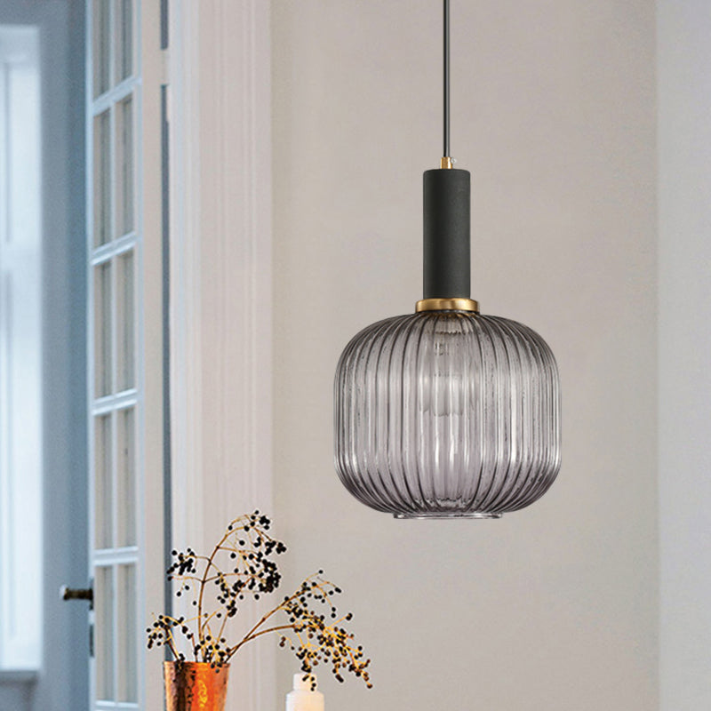 Black/Gold Cylinder/Oval/Capsule Pendant Lamp Modernist 1 Light Grey/Green/Amber Ribbed Glass Ceiling Light Fixture for Kitchen Clearhalo 'Ceiling Lights' 'Glass shade' 'Glass' 'Modern Pendants' 'Modern' 'Pendant Lights' 'Pendants' Lighting' 598334