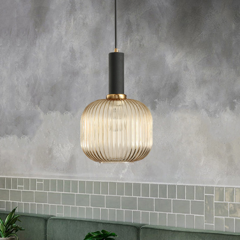 Black/Gold Cylinder/Oval/Capsule Pendant Lamp Modernist 1 Light Grey/Green/Amber Ribbed Glass Ceiling Light Fixture for Kitchen Clearhalo 'Ceiling Lights' 'Glass shade' 'Glass' 'Modern Pendants' 'Modern' 'Pendant Lights' 'Pendants' Lighting' 598338