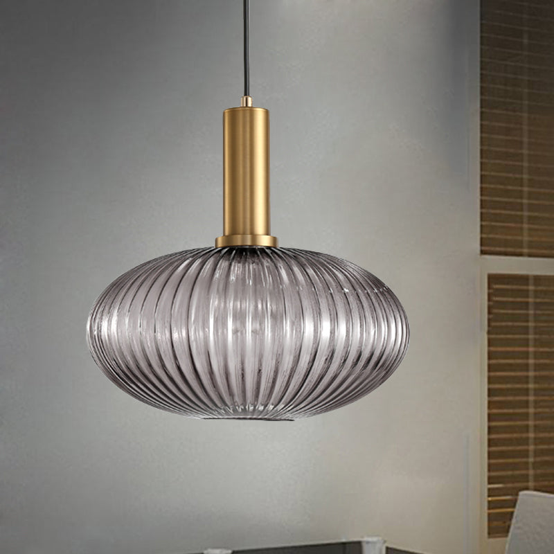 Black/Gold Cylinder/Oval/Capsule Pendant Lamp Modernist 1 Light Grey/Green/Amber Ribbed Glass Ceiling Light Fixture for Kitchen Gold Gray Oval Clearhalo 'Ceiling Lights' 'Glass shade' 'Glass' 'Modern Pendants' 'Modern' 'Pendant Lights' 'Pendants' Lighting' 598345