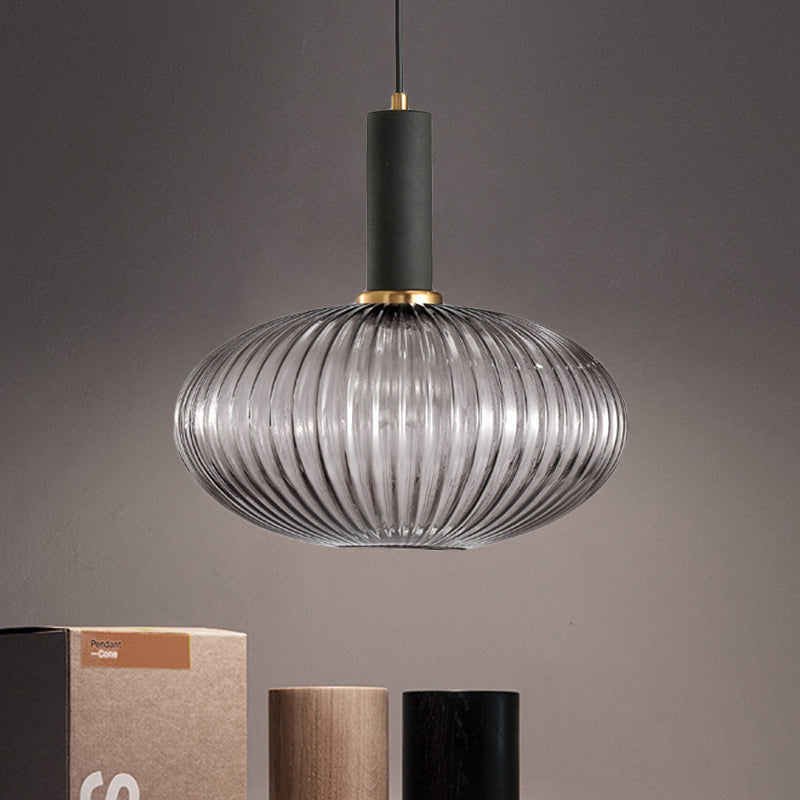 Black/Gold Cylinder/Oval/Capsule Pendant Lamp Modernist 1 Light Grey/Green/Amber Ribbed Glass Ceiling Light Fixture for Kitchen Black Gray Oval Clearhalo 'Ceiling Lights' 'Glass shade' 'Glass' 'Modern Pendants' 'Modern' 'Pendant Lights' 'Pendants' Lighting' 598358