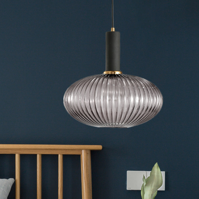Black/Gold Cylinder/Oval/Capsule Pendant Lamp Modernist 1 Light Grey/Green/Amber Ribbed Glass Ceiling Light Fixture for Kitchen Clearhalo 'Ceiling Lights' 'Glass shade' 'Glass' 'Modern Pendants' 'Modern' 'Pendant Lights' 'Pendants' Lighting' 598359