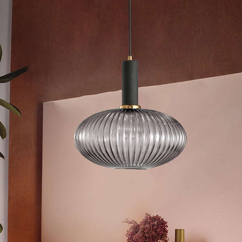 Black/Gold Cylinder/Oval/Capsule Pendant Lamp Modernist 1 Light Grey/Green/Amber Ribbed Glass Ceiling Light Fixture for Kitchen Clearhalo 'Ceiling Lights' 'Glass shade' 'Glass' 'Modern Pendants' 'Modern' 'Pendant Lights' 'Pendants' Lighting' 598360