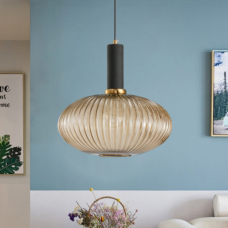 Black/Gold Cylinder/Oval/Capsule Pendant Lamp Modernist 1 Light Grey/Green/Amber Ribbed Glass Ceiling Light Fixture for Kitchen Clearhalo 'Ceiling Lights' 'Glass shade' 'Glass' 'Modern Pendants' 'Modern' 'Pendant Lights' 'Pendants' Lighting' 598363