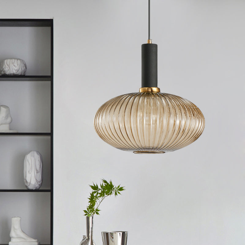 Black/Gold Cylinder/Oval/Capsule Pendant Lamp Modernist 1 Light Grey/Green/Amber Ribbed Glass Ceiling Light Fixture for Kitchen Clearhalo 'Ceiling Lights' 'Glass shade' 'Glass' 'Modern Pendants' 'Modern' 'Pendant Lights' 'Pendants' Lighting' 598364