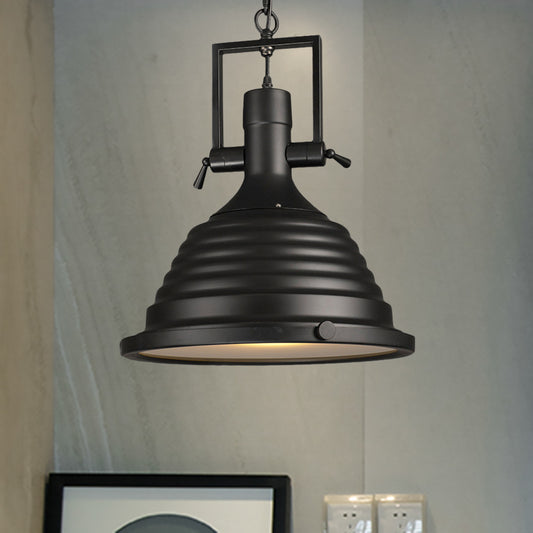 Black 1 Bulb Pendant Light Industrial Style Metallic Ripple Shade Hanging Lamp with Frosted Diffuser, 14"/16" W Black Clearhalo 'Art Deco Pendants' 'Black' 'Cast Iron' 'Ceiling Lights' 'Ceramic' 'Crystal' 'Industrial Pendants' 'Industrial' 'Metal' 'Middle Century Pendants' 'Pendant Lights' 'Pendants' 'Rustic Pendants' 'Tiffany' Lighting' 598458