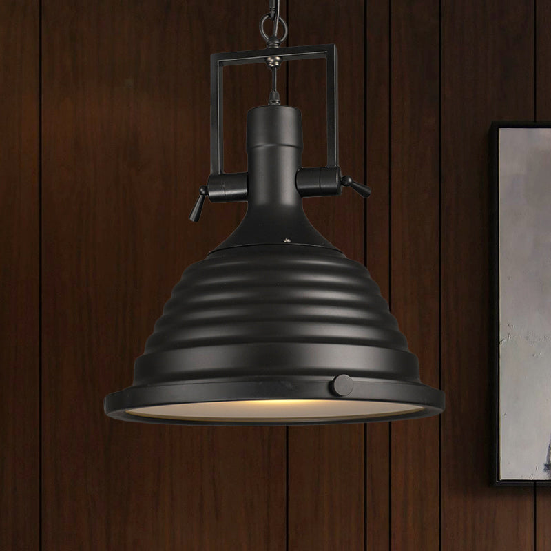 Black 1 Bulb Pendant Light Industrial Style Metallic Ripple Shade Hanging Lamp with Frosted Diffuser, 14"/16" W Clearhalo 'Art Deco Pendants' 'Black' 'Cast Iron' 'Ceiling Lights' 'Ceramic' 'Crystal' 'Industrial Pendants' 'Industrial' 'Metal' 'Middle Century Pendants' 'Pendant Lights' 'Pendants' 'Rustic Pendants' 'Tiffany' Lighting' 598460