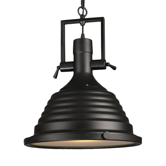 Black 1 Bulb Pendant Light Industrial Style Metallic Ripple Shade Hanging Lamp with Frosted Diffuser, 14"/16" W Clearhalo 'Art Deco Pendants' 'Black' 'Cast Iron' 'Ceiling Lights' 'Ceramic' 'Crystal' 'Industrial Pendants' 'Industrial' 'Metal' 'Middle Century Pendants' 'Pendant Lights' 'Pendants' 'Rustic Pendants' 'Tiffany' Lighting' 598461