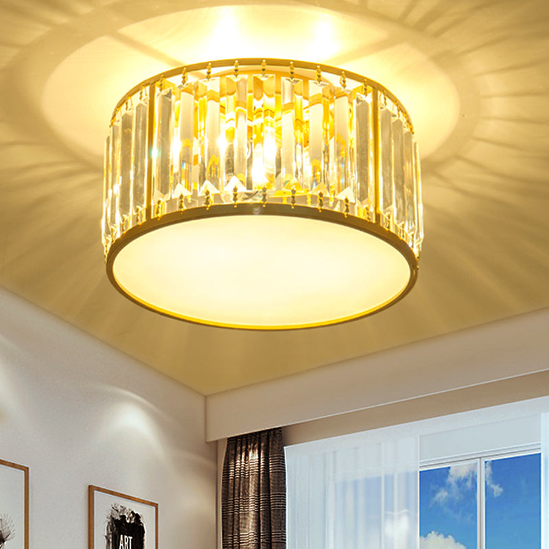 3/4/5 Lights Bedroom Crystal Flush Mount Lighting with Drum Shade Gold Flush Light Fixture, 12.5"/16.5"/20.5" Wide Gold 12.5" Clearhalo 'Ceiling Lights' 'Close To Ceiling Lights' 'Close to ceiling' 'Flush mount' Lighting' 598687
