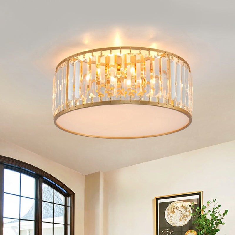 3/4/5 Lights Bedroom Crystal Flush Mount Lighting with Drum Shade Gold Flush Light Fixture, 12.5"/16.5"/20.5" Wide Gold 16.5" Clearhalo 'Ceiling Lights' 'Close To Ceiling Lights' 'Close to ceiling' 'Flush mount' Lighting' 598692