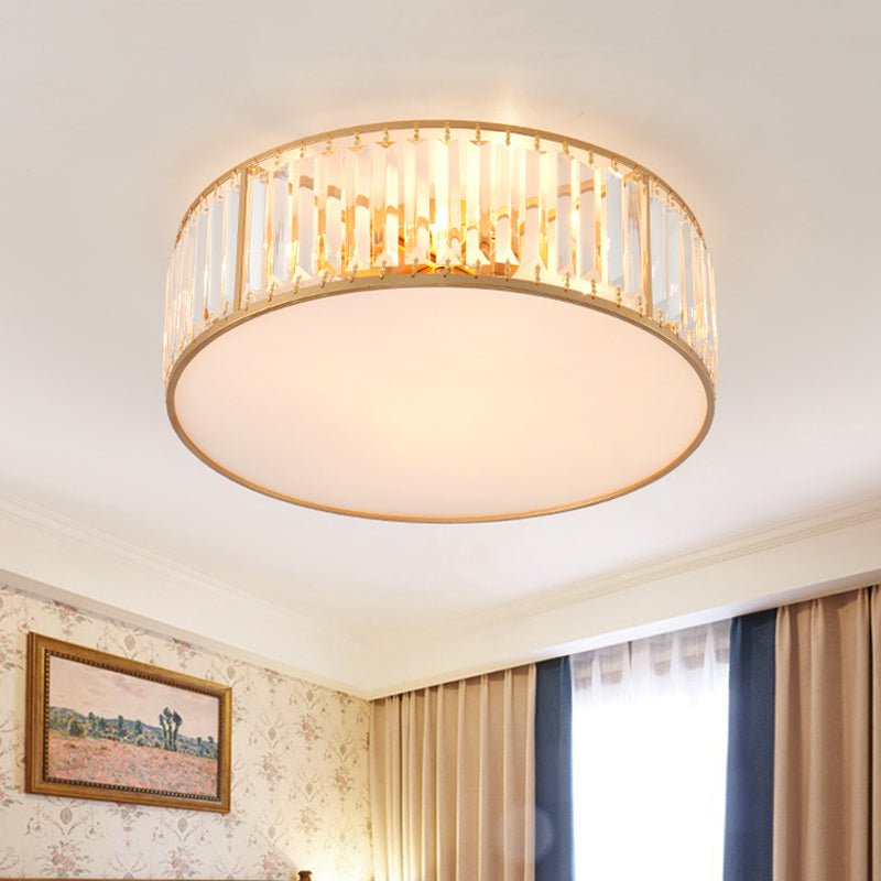 3/4/5 Lights Bedroom Crystal Flush Mount Lighting with Drum Shade Gold Flush Light Fixture, 12.5"/16.5"/20.5" Wide Gold 20.5" Clearhalo 'Ceiling Lights' 'Close To Ceiling Lights' 'Close to ceiling' 'Flush mount' Lighting' 598697