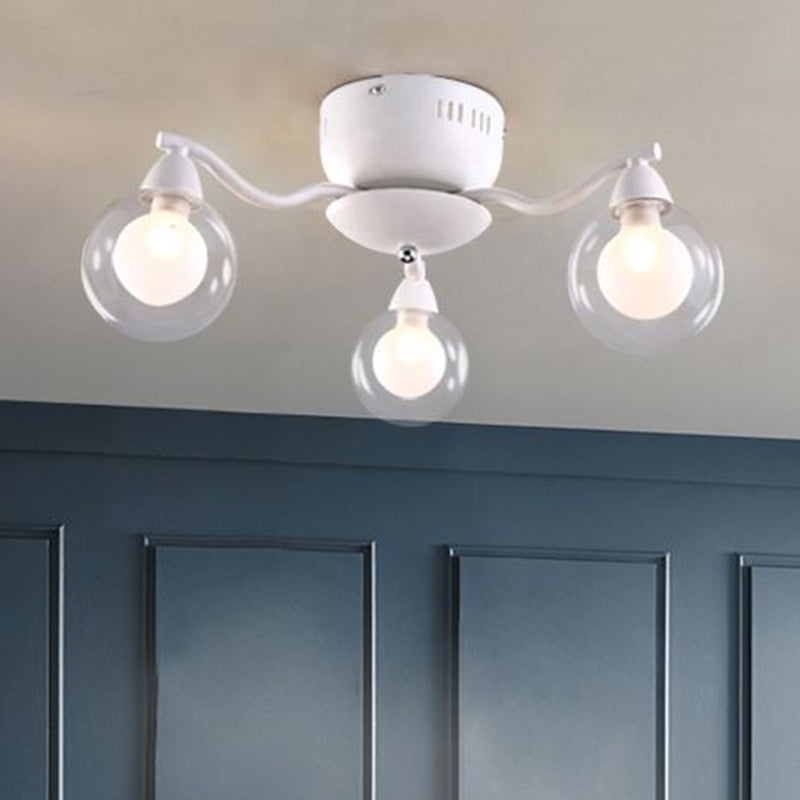 3 Curved Arms Semi Flush Light Dining Room with Clear Globe Glass Shade White Ceiling Mount Chandelier White Clearhalo 'Ceiling Lights' 'Close To Ceiling Lights' 'Close to ceiling' 'Glass shade' 'Glass' 'Semi-flushmount' Lighting' 598799