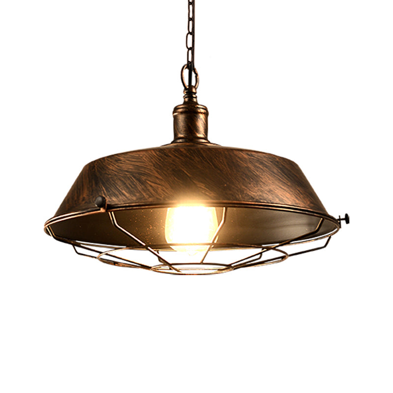 Iron Barn Hanging Light with Wire Guard Antique Style 10"/14"/18" Dia 1 Head Restaurant Pendant Light Fixture in Brass/Bronze/Black Clearhalo 'Art Deco Pendants' 'Black' 'Cast Iron' 'Ceiling Lights' 'Ceramic' 'Crystal' 'Industrial Pendants' 'Industrial' 'Metal' 'Middle Century Pendants' 'Pendant Lights' 'Pendants' 'Rustic Pendants' 'Tiffany' Lighting' 598892