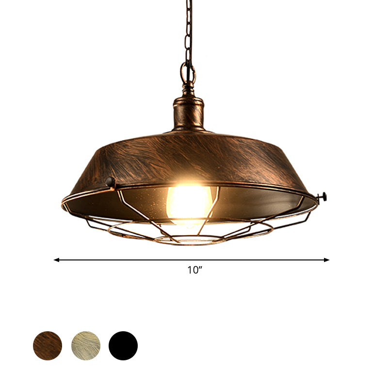 Iron Barn Hanging Light with Wire Guard Antique Style 10"/14"/18" Dia 1 Head Restaurant Pendant Light Fixture in Brass/Bronze/Black Clearhalo 'Art Deco Pendants' 'Black' 'Cast Iron' 'Ceiling Lights' 'Ceramic' 'Crystal' 'Industrial Pendants' 'Industrial' 'Metal' 'Middle Century Pendants' 'Pendant Lights' 'Pendants' 'Rustic Pendants' 'Tiffany' Lighting' 598893
