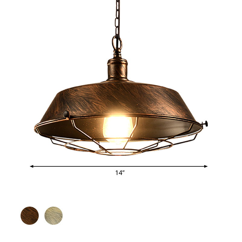 Iron Barn Hanging Light with Wire Guard Antique Style 10"/14"/18" Dia 1 Head Restaurant Pendant Light Fixture in Brass/Bronze/Black Clearhalo 'Art Deco Pendants' 'Black' 'Cast Iron' 'Ceiling Lights' 'Ceramic' 'Crystal' 'Industrial Pendants' 'Industrial' 'Metal' 'Middle Century Pendants' 'Pendant Lights' 'Pendants' 'Rustic Pendants' 'Tiffany' Lighting' 598894