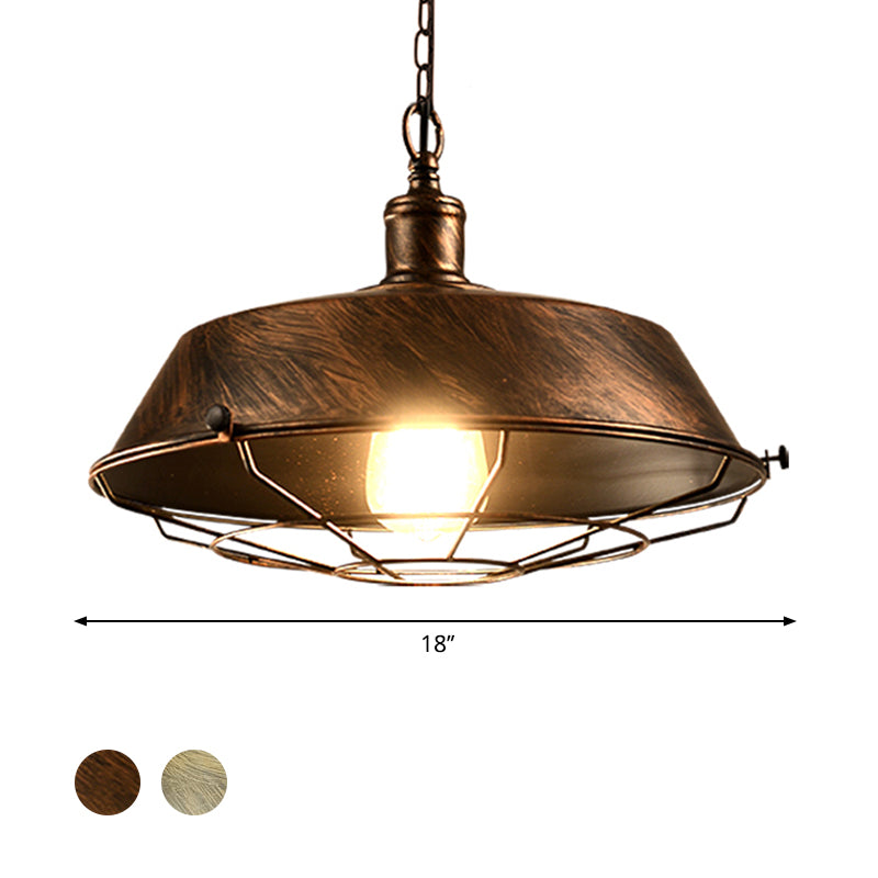 Iron Barn Hanging Light with Wire Guard Antique Style 10"/14"/18" Dia 1 Head Restaurant Pendant Light Fixture in Brass/Bronze/Black Clearhalo 'Art Deco Pendants' 'Black' 'Cast Iron' 'Ceiling Lights' 'Ceramic' 'Crystal' 'Industrial Pendants' 'Industrial' 'Metal' 'Middle Century Pendants' 'Pendant Lights' 'Pendants' 'Rustic Pendants' 'Tiffany' Lighting' 598895