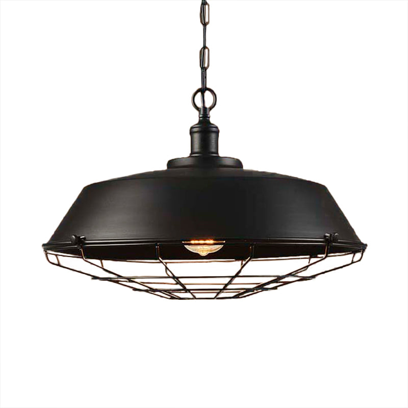Iron Barn Hanging Light with Wire Guard Antique Style 10"/14"/18" Dia 1 Head Restaurant Pendant Light Fixture in Brass/Bronze/Black Clearhalo 'Art Deco Pendants' 'Black' 'Cast Iron' 'Ceiling Lights' 'Ceramic' 'Crystal' 'Industrial Pendants' 'Industrial' 'Metal' 'Middle Century Pendants' 'Pendant Lights' 'Pendants' 'Rustic Pendants' 'Tiffany' Lighting' 598899