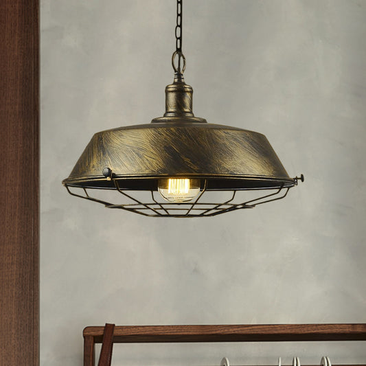 Iron Barn Hanging Light with Wire Guard Antique Style 10"/14"/18" Dia 1 Head Restaurant Pendant Light Fixture in Brass/Bronze/Black Clearhalo 'Art Deco Pendants' 'Black' 'Cast Iron' 'Ceiling Lights' 'Ceramic' 'Crystal' 'Industrial Pendants' 'Industrial' 'Metal' 'Middle Century Pendants' 'Pendant Lights' 'Pendants' 'Rustic Pendants' 'Tiffany' Lighting' 598901