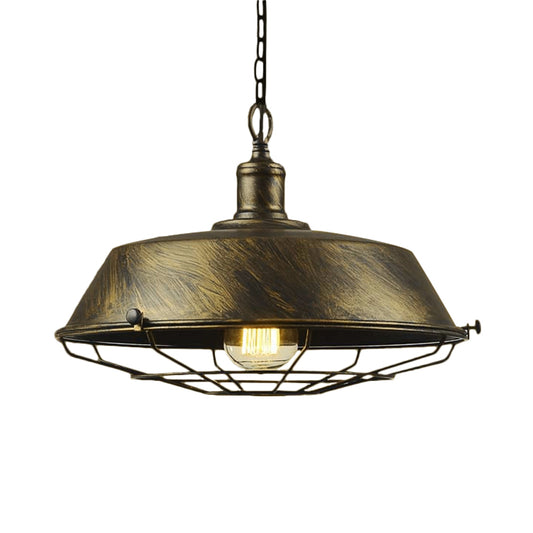 Iron Barn Hanging Light with Wire Guard Antique Style 10"/14"/18" Dia 1 Head Restaurant Pendant Light Fixture in Brass/Bronze/Black Clearhalo 'Art Deco Pendants' 'Black' 'Cast Iron' 'Ceiling Lights' 'Ceramic' 'Crystal' 'Industrial Pendants' 'Industrial' 'Metal' 'Middle Century Pendants' 'Pendant Lights' 'Pendants' 'Rustic Pendants' 'Tiffany' Lighting' 598903
