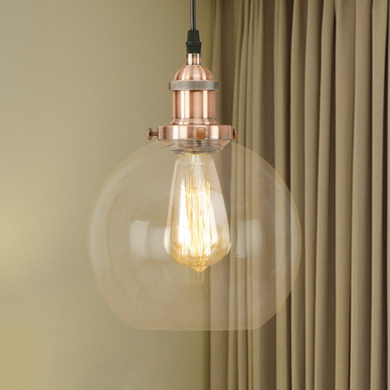 Brass/Copper/Rust 1 Light Hanging Ceiling Light Vintage Clear Glass Globe Pendant Lighting for Dining Room Copper Clearhalo 'Ceiling Lights' 'Glass shade' 'Glass' 'Industrial Pendants' 'Industrial' 'Middle Century Pendants' 'Pendant Lights' 'Pendants' 'Tiffany' Lighting' 599287