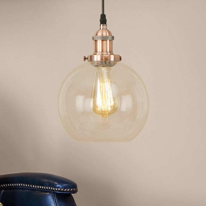 Brass/Copper/Rust 1 Light Hanging Ceiling Light Vintage Clear Glass Globe Pendant Lighting for Dining Room Clearhalo 'Ceiling Lights' 'Glass shade' 'Glass' 'Industrial Pendants' 'Industrial' 'Middle Century Pendants' 'Pendant Lights' 'Pendants' 'Tiffany' Lighting' 599288