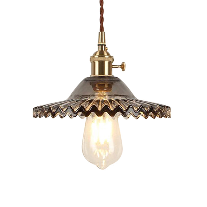 Brass 1-Light Hanging Ceiling Light Industrial Black/White/Green Glass Scalloped Pendant Lighting for Dining Room Clearhalo 'Ceiling Lights' 'Glass shade' 'Glass' 'Industrial Pendants' 'Industrial' 'Middle Century Pendants' 'Pendant Lights' 'Pendants' 'Tiffany' Lighting' 599460