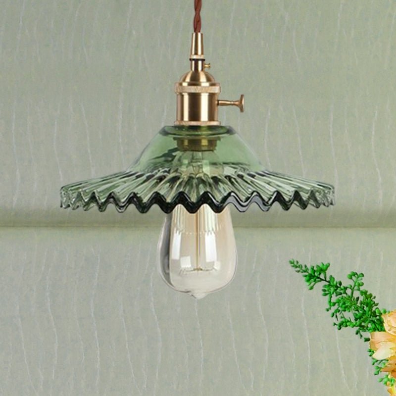 Brass 1-Light Hanging Ceiling Light Industrial Black/White/Green Glass Scalloped Pendant Lighting for Dining Room Green Clearhalo 'Ceiling Lights' 'Glass shade' 'Glass' 'Industrial Pendants' 'Industrial' 'Middle Century Pendants' 'Pendant Lights' 'Pendants' 'Tiffany' Lighting' 599461