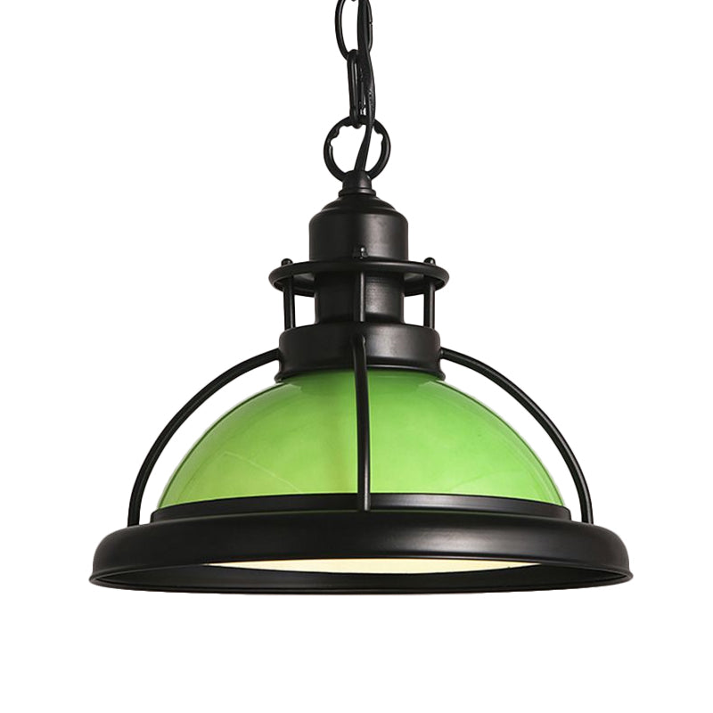 Black One Light Hanging Ceiling Light Vintage White/Green Glass Dome Pendant Lighting for Dining Room Clearhalo 'Ceiling Lights' 'Glass shade' 'Glass' 'Industrial Pendants' 'Industrial' 'Middle Century Pendants' 'Pendant Lights' 'Pendants' 'Tiffany' Lighting' 599571