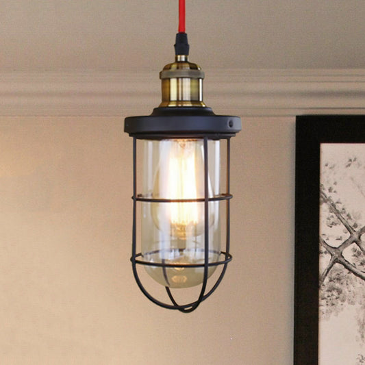 1 Light Ceiling Pendant Light Coastal Caged Lantern Clear Glass Hanging Lamp for Coffee Shop in Black Clearhalo 'Ceiling Lights' 'Glass shade' 'Glass' 'Industrial Pendants' 'Industrial' 'Middle Century Pendants' 'Pendant Lights' 'Pendants' 'Tiffany' Lighting' 599606