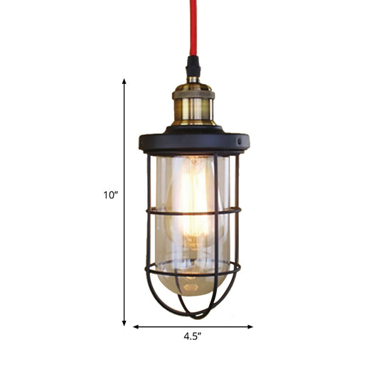 1 Light Ceiling Pendant Light Coastal Caged Lantern Clear Glass Hanging Lamp for Coffee Shop in Black Clearhalo 'Ceiling Lights' 'Glass shade' 'Glass' 'Industrial Pendants' 'Industrial' 'Middle Century Pendants' 'Pendant Lights' 'Pendants' 'Tiffany' Lighting' 599608
